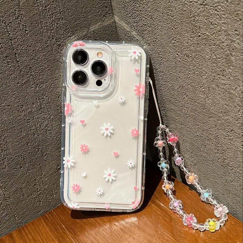 Cute Flower & Heart Decorative Phone Case with Lanyard, Shockproof Phone Protective Cover, Phone Accessories Compatible with Iphone 11 12 13 14 15 Pro Max