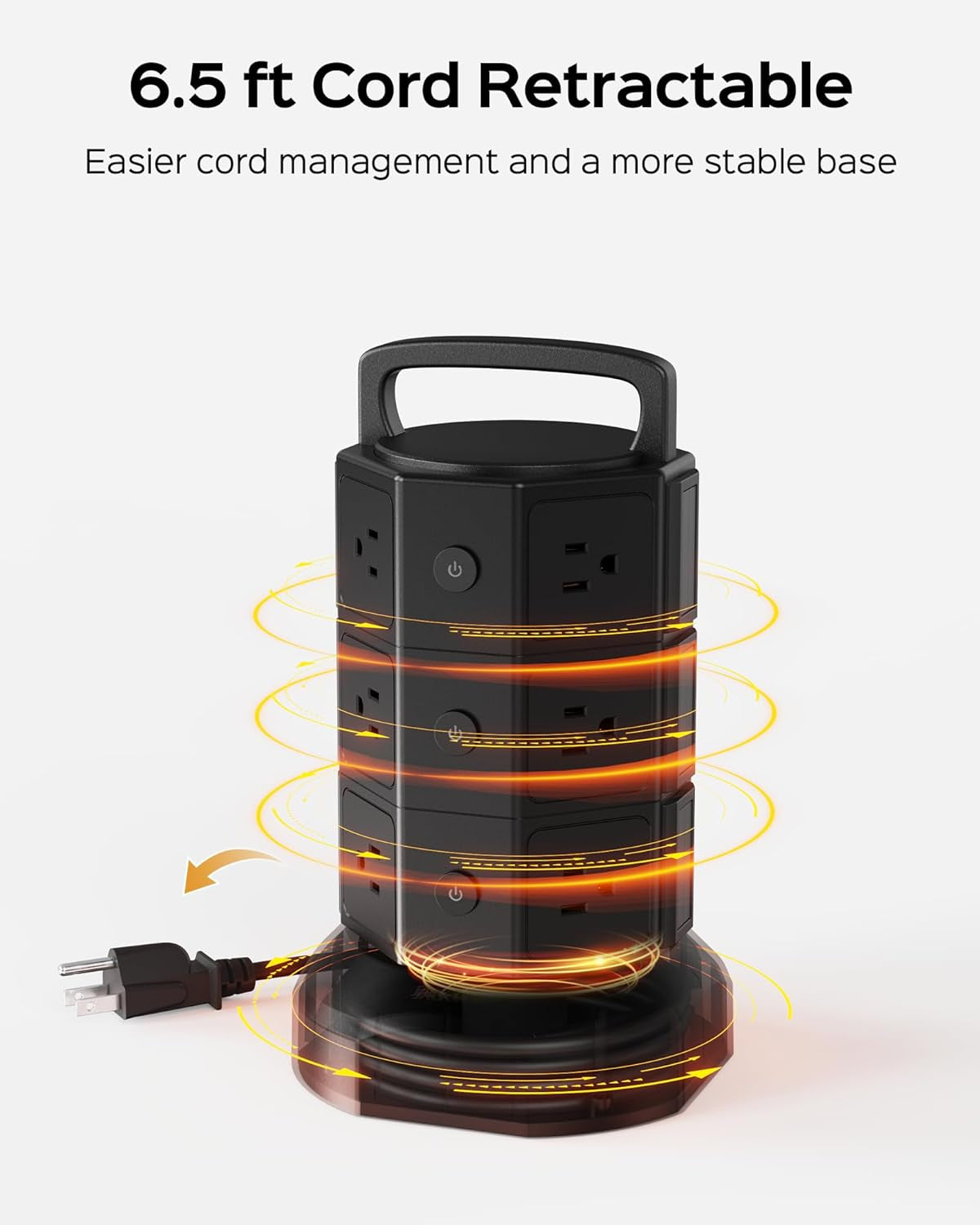 Power Strip Tower Surge Protector - 1625W 13A Electric Charging Station with 12 Outlets and 6 USB Ports, 6.5Ft Heavy Duty Extension Cord for Home, Office, and Dorm Use - Black