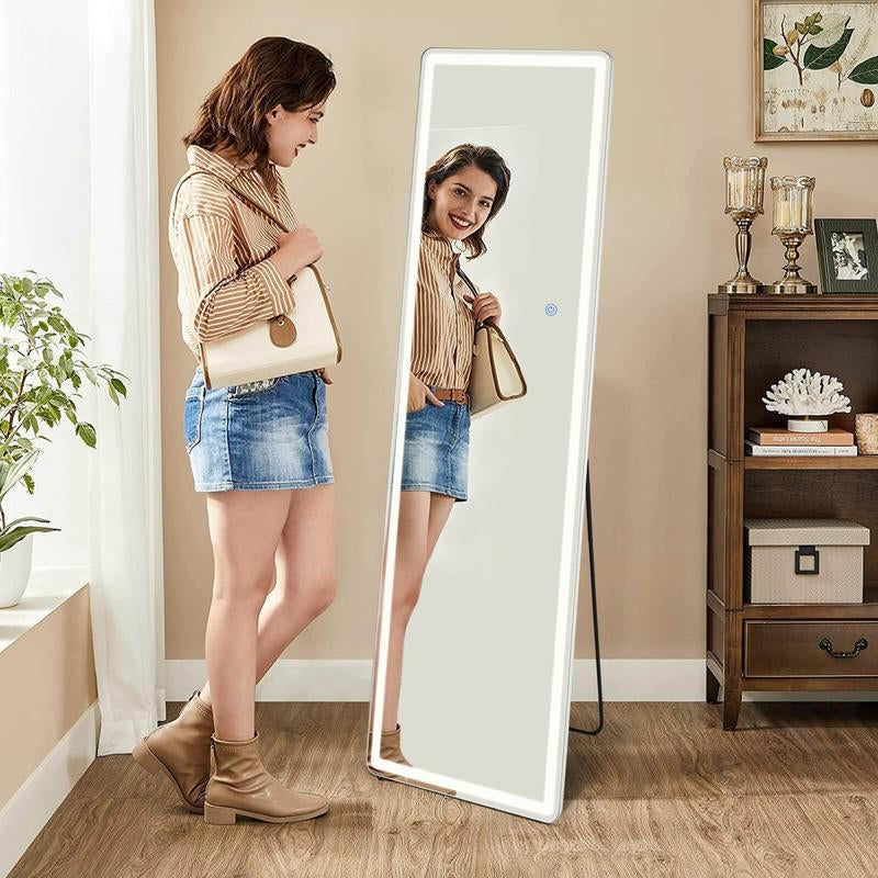 Full Length Mirror with LED Lights, 64"X21" ,Lighted Floor Standing Mirror with Stand,With Aluminum Frame for Bedroom Decor