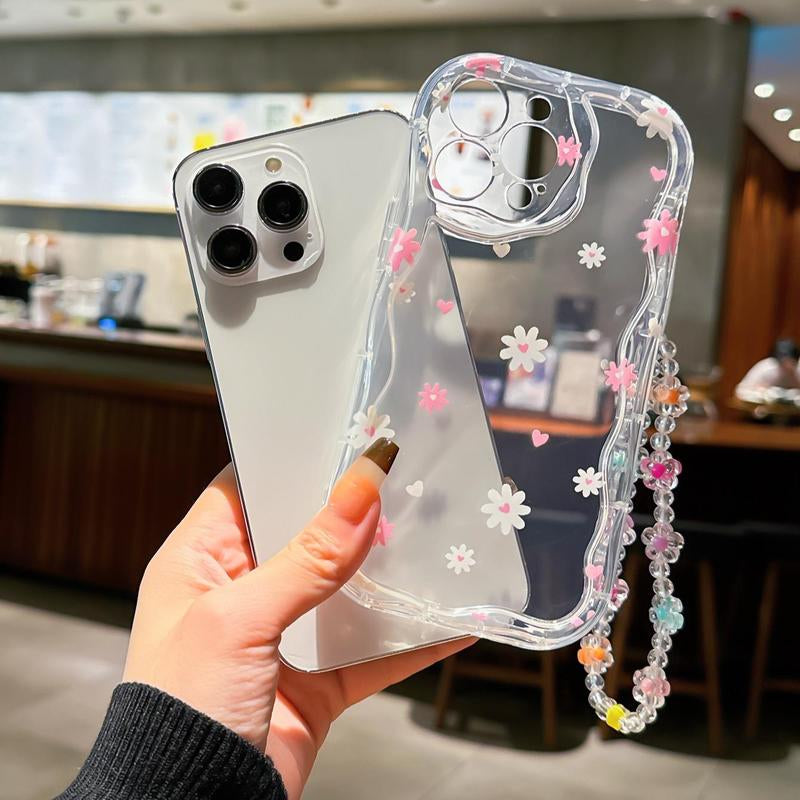 Cute Flower & Heart Decorative Phone Case with Lanyard, Shockproof Phone Protective Cover, Phone Accessories Compatible with Iphone 11 12 13 14 15 Pro Max