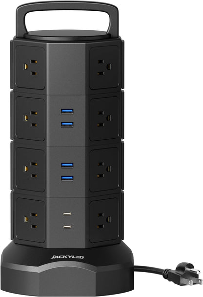 Power Strip Tower Surge Protector - 1625W 13A Electric Charging Station with 12 Outlets and 6 USB Ports, 6.5Ft Heavy Duty Extension Cord for Home, Office, and Dorm Use - Black