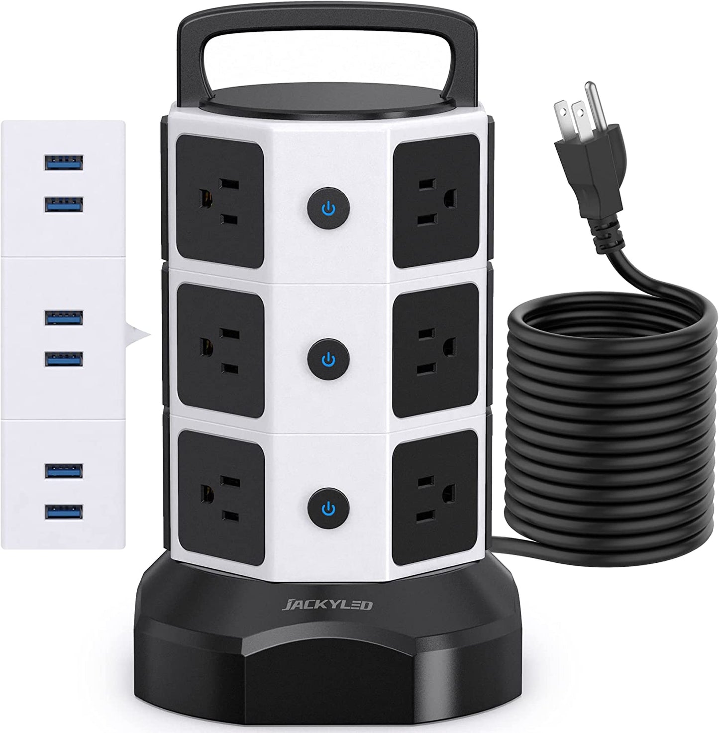 Power Strip Tower Surge Protector - 1625W 13A Electric Charging Station with 12 Outlets and 6 USB Ports, 6.5Ft Heavy Duty Extension Cord for Home, Office, and Dorm Use - Black