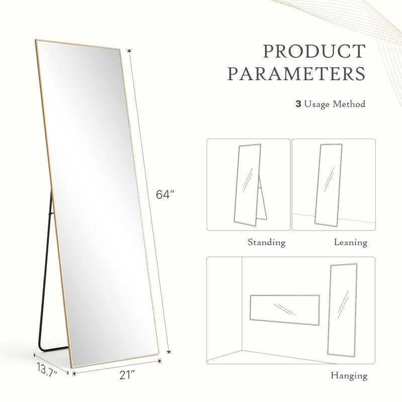 Full Length Mirror with LED Lights, 64"X21" ,Lighted Floor Standing Mirror with Stand,With Aluminum Frame for Bedroom Decor