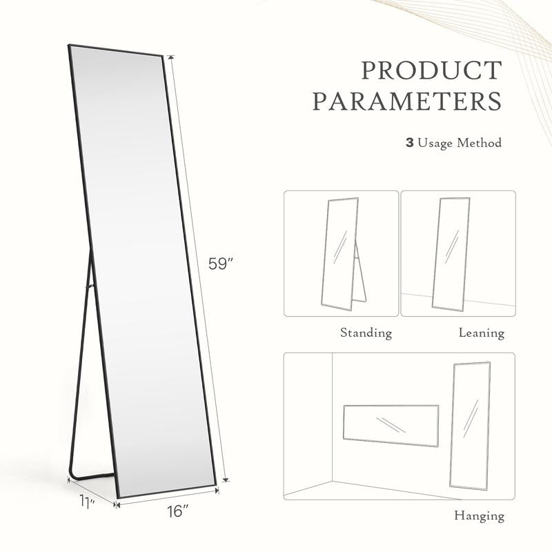 Full Length Mirror with LED Lights, 64"X21" ,Lighted Floor Standing Mirror with Stand,With Aluminum Frame for Bedroom Decor