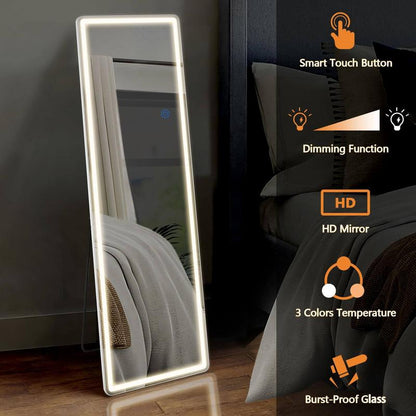 Full Length Mirror with LED Lights, 64"X21" ,Lighted Floor Standing Mirror with Stand,With Aluminum Frame for Bedroom Decor