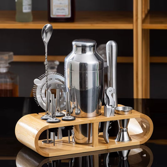 Shake it up in style! 🍹✨ Check out our Stainless Steel Cocktail Shaker Set with a chic Bamboo Rack! Perfect for your home bar! #CocktailTime #BartenderEssentials