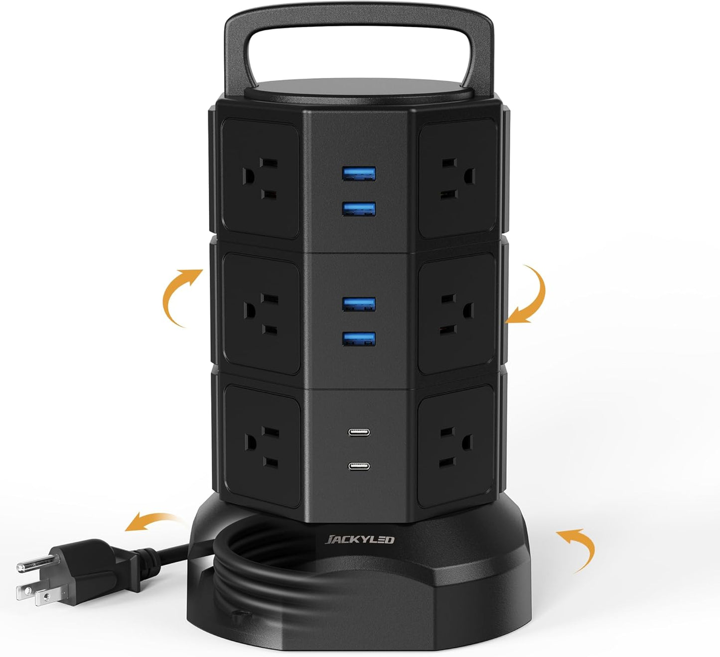 Power Strip Tower Surge Protector - 1625W 13A Electric Charging Station with 12 Outlets and 6 USB Ports, 6.5Ft Heavy Duty Extension Cord for Home, Office, and Dorm Use - Black