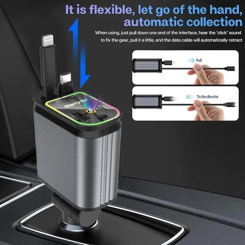 Starlight 4-In-1 Retractable Car Phone Charger with Lights, Fast Charge Dual Type C Cables and USB Ports, Universal Compatibility