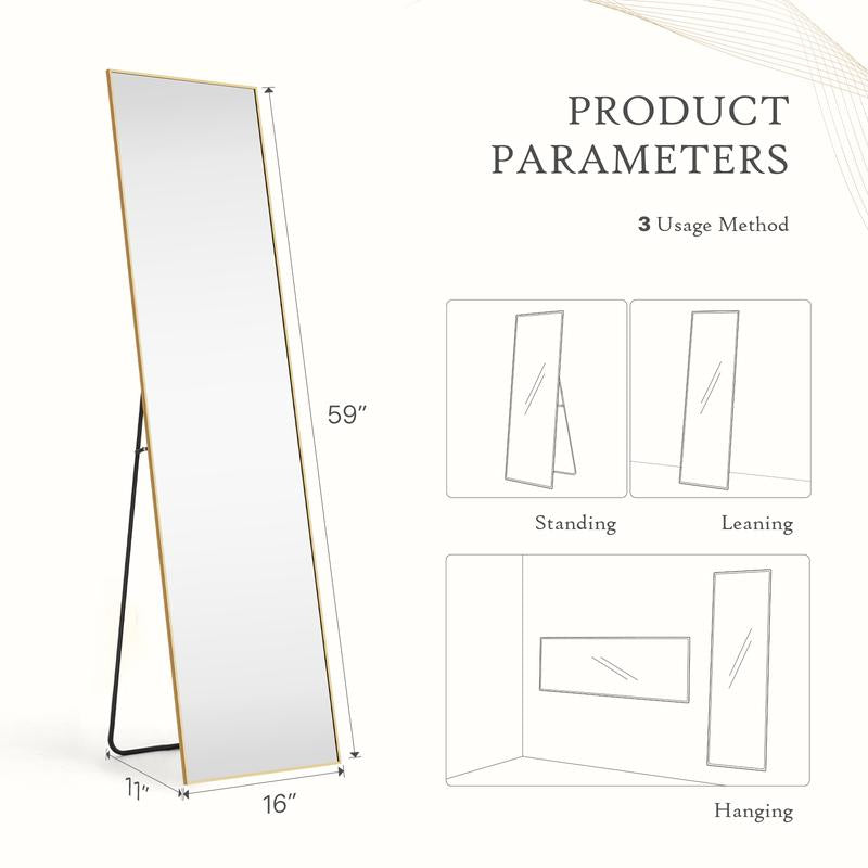 Full Length Mirror with LED Lights, 64"X21" ,Lighted Floor Standing Mirror with Stand,With Aluminum Frame for Bedroom Decor