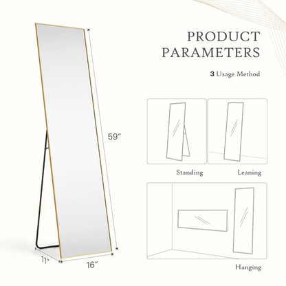 Full Length Mirror with LED Lights, 64"X21" ,Lighted Floor Standing Mirror with Stand,With Aluminum Frame for Bedroom Decor