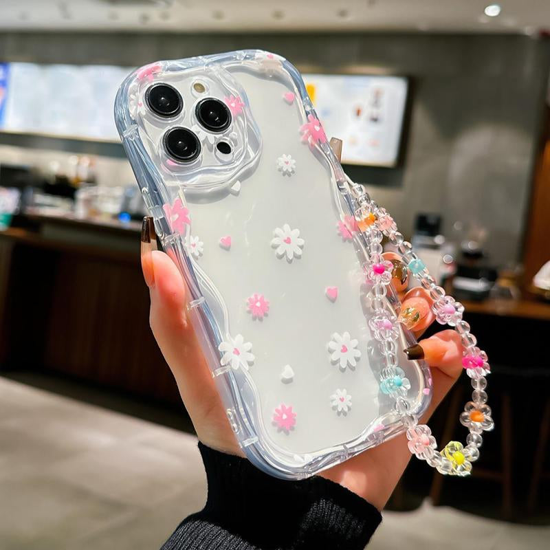 Cute Flower & Heart Decorative Phone Case with Lanyard, Shockproof Phone Protective Cover, Phone Accessories Compatible with Iphone 11 12 13 14 15 Pro Max