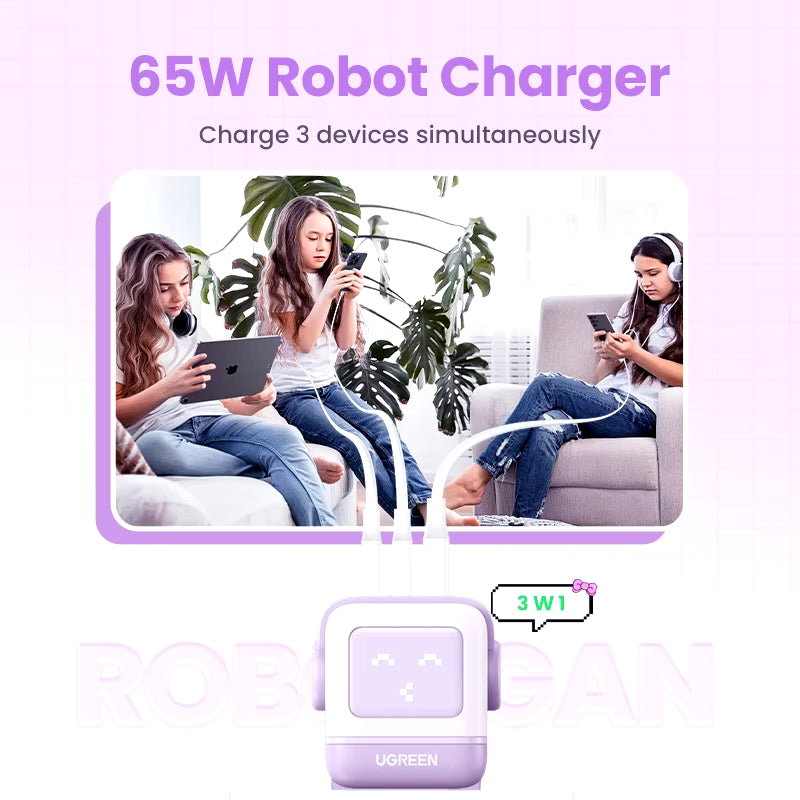 New！ 65W Gan Charger Robot Design Quick Charge 4.0 3.0 PPS for Iphone 16 15 14 Pro Macbook Laptop Tablet PD Fast Charger