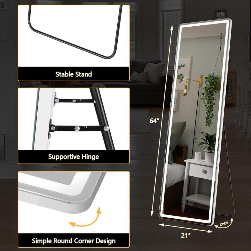 Full Length Mirror with LED Lights, 64"X21" ,Lighted Floor Standing Mirror with Stand,With Aluminum Frame for Bedroom Decor