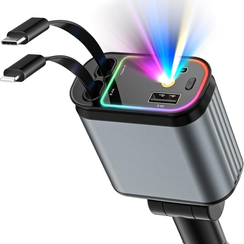 Starlight 4-In-1 Retractable Car Phone Charger with Lights, Fast Charge Dual Type C Cables and USB Ports, Universal Compatibility