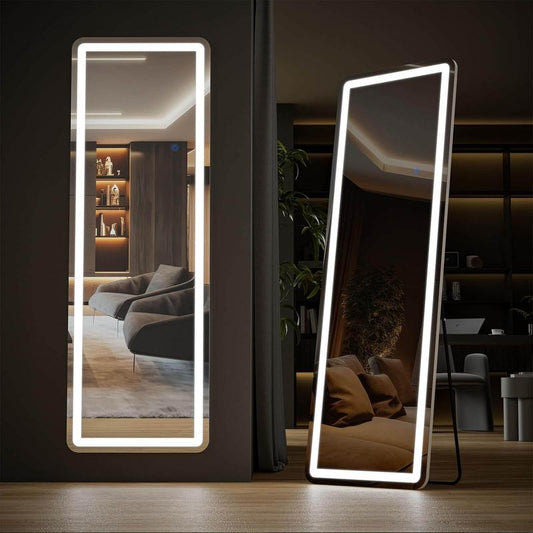 Full Length Mirror with LED Lights, 64"X21" ,Lighted Floor Standing Mirror with Stand,With Aluminum Frame for Bedroom Decor