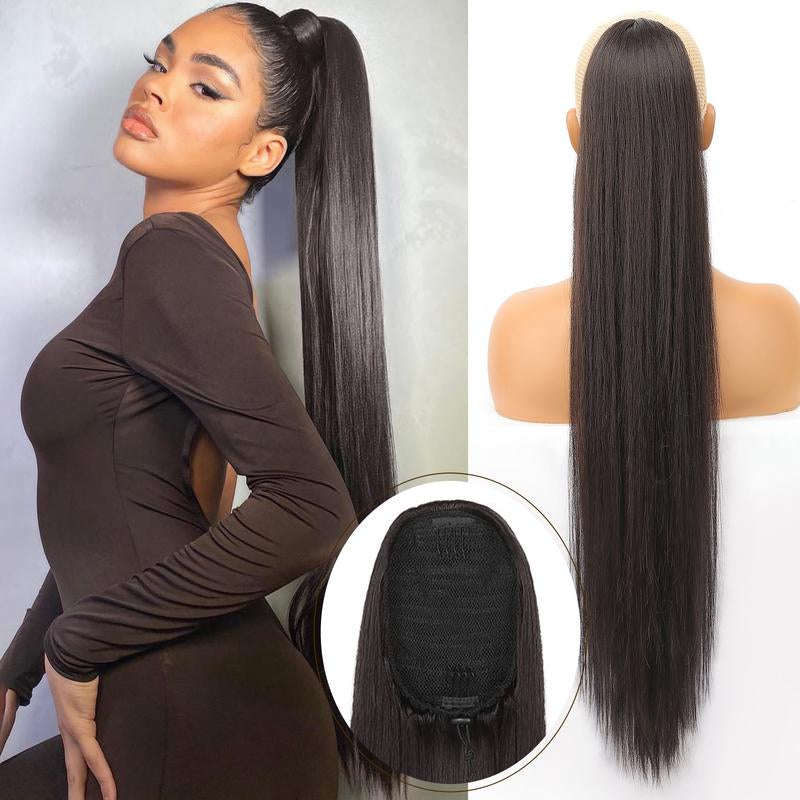 [Kookastyle]Long Straight 32-Inch Drawstring Ponytail Extension - Natural Soft Synthetic Hairpiece, Clip-In, Heat-Resistant, Black Fake Pony Tail for Women