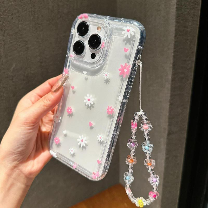 Cute Flower & Heart Decorative Phone Case with Lanyard, Shockproof Phone Protective Cover, Phone Accessories Compatible with Iphone 11 12 13 14 15 Pro Max