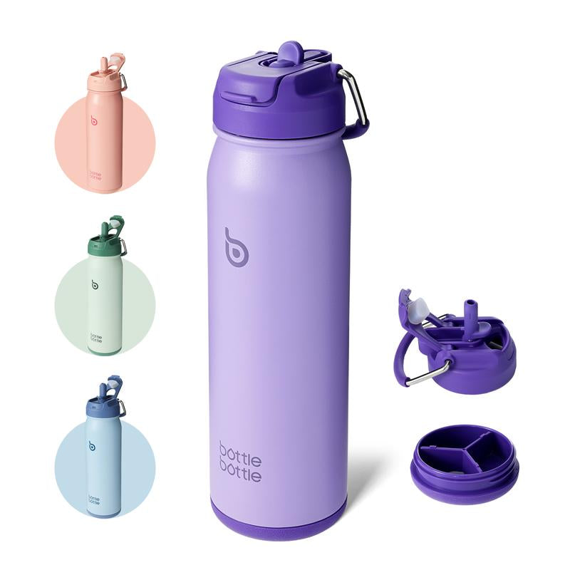 BOTTLE BOTTLE 24 Oz Sports Water Bottle Stainless Steel Insulated Water Bottle with Straw and Pills Holder