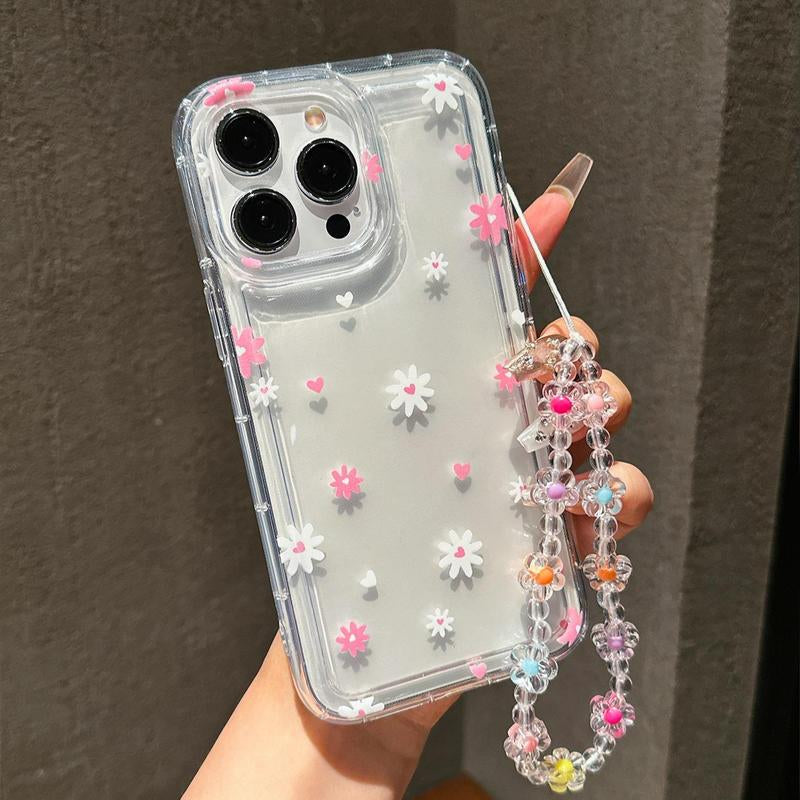 Cute Flower & Heart Decorative Phone Case with Lanyard, Shockproof Phone Protective Cover, Phone Accessories Compatible with Iphone 11 12 13 14 15 Pro Max