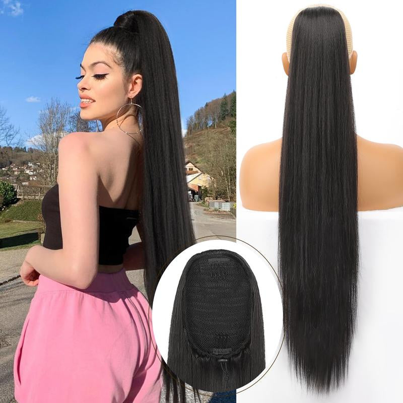 [Kookastyle]Long Straight 32-Inch Drawstring Ponytail Extension - Natural Soft Synthetic Hairpiece, Clip-In, Heat-Resistant, Black Fake Pony Tail for Women