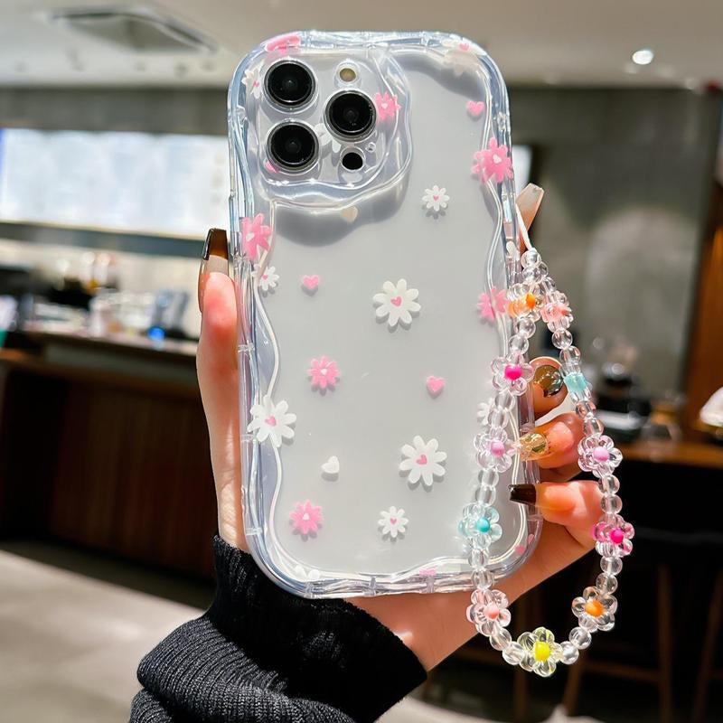 Cute Flower & Heart Decorative Phone Case with Lanyard, Shockproof Phone Protective Cover, Phone Accessories Compatible with Iphone 11 12 13 14 15 Pro Max