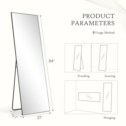 Full Length Mirror with LED Lights, 64"X21" ,Lighted Floor Standing Mirror with Stand,With Aluminum Frame for Bedroom Decor