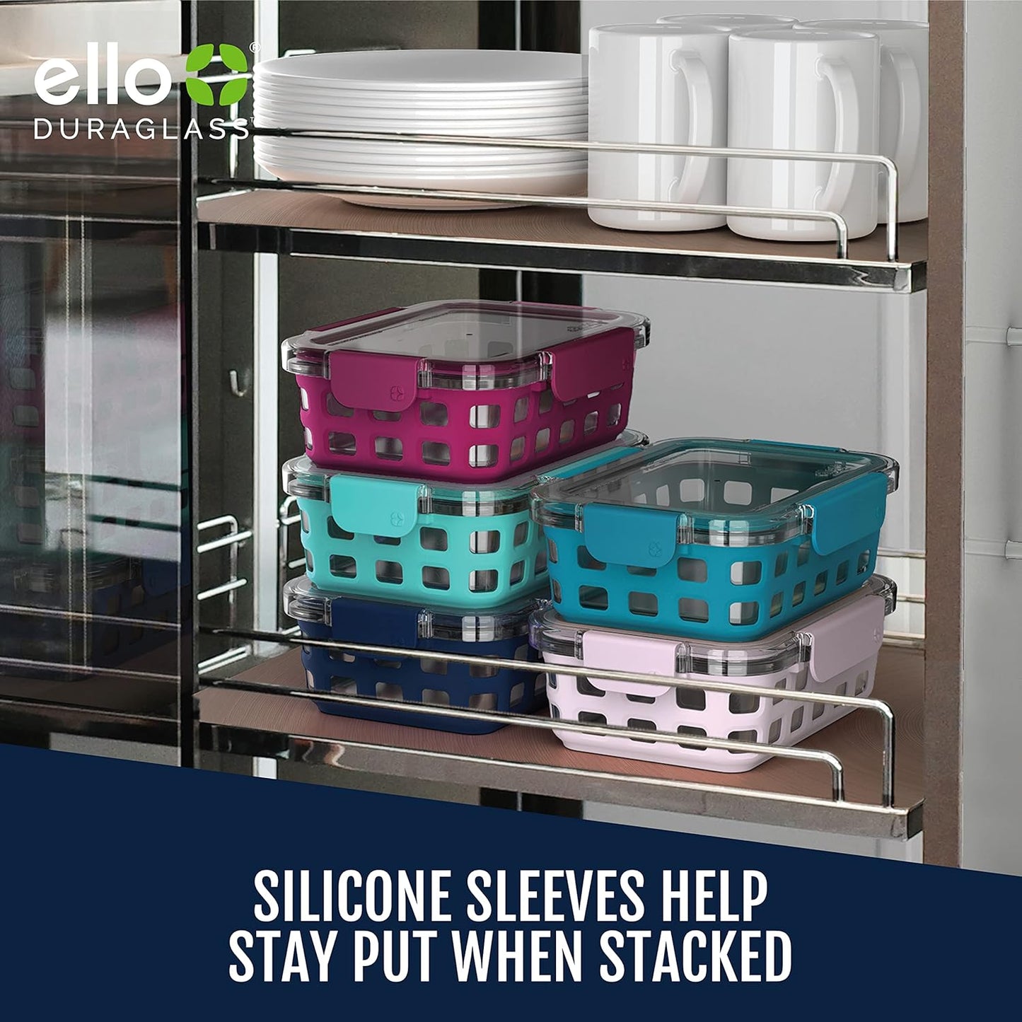 Ello Duraglass 10-Piece Meal Prep Set (3.4 Cup) in Evening Orchard – Glass Food Containers with Silicone Sleeves and BPA-Free Airtight Lids, Dishwasher, Microwave, and Freezer Safe